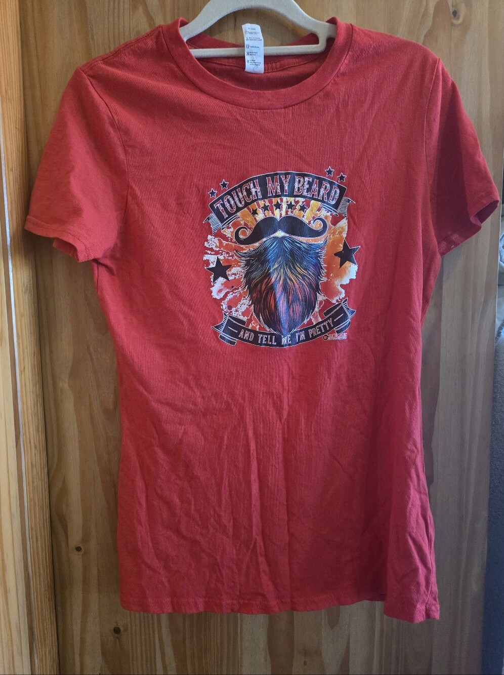 Red Graphic Tee with Colorful Beard Design Size S